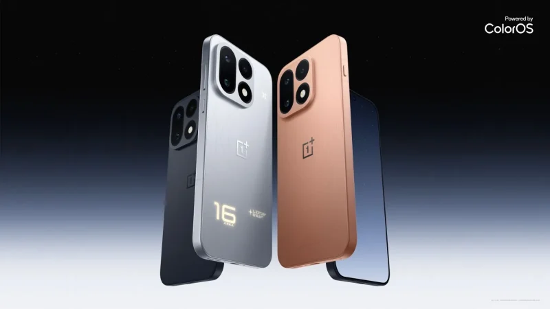 Official OnePlus 16 key visual showing the phone in all three launch colors plus a front display view against a gradient sky.